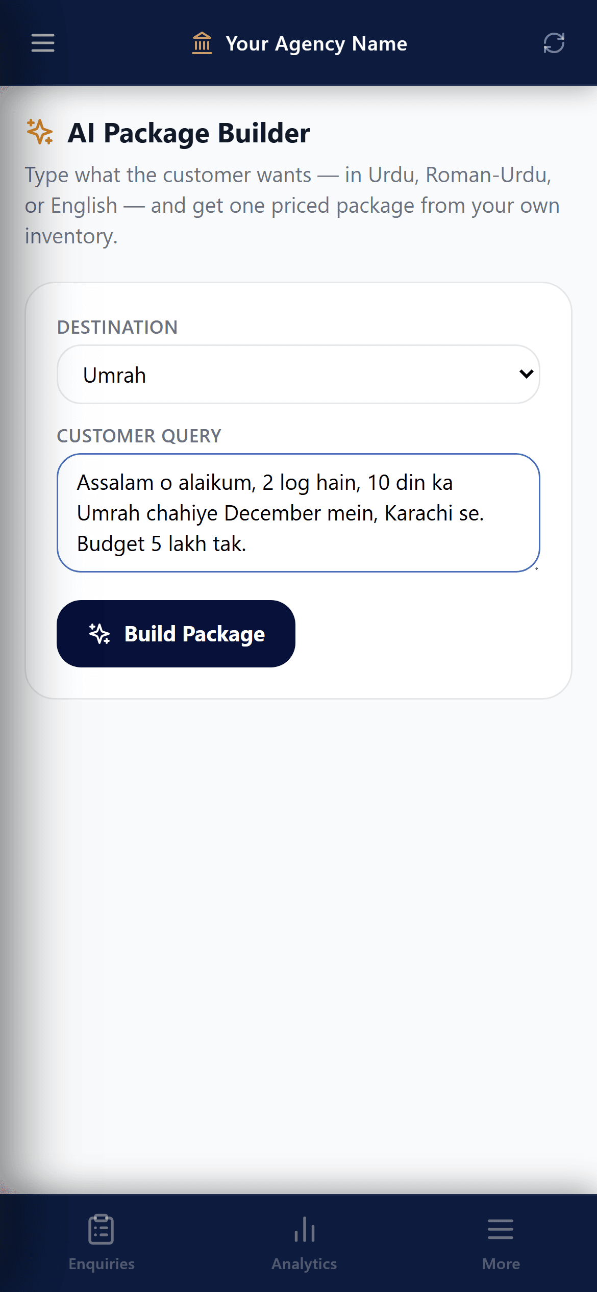 AI Package Builder on a phone: destination Umrah and a Roman Urdu customer message ready to build.