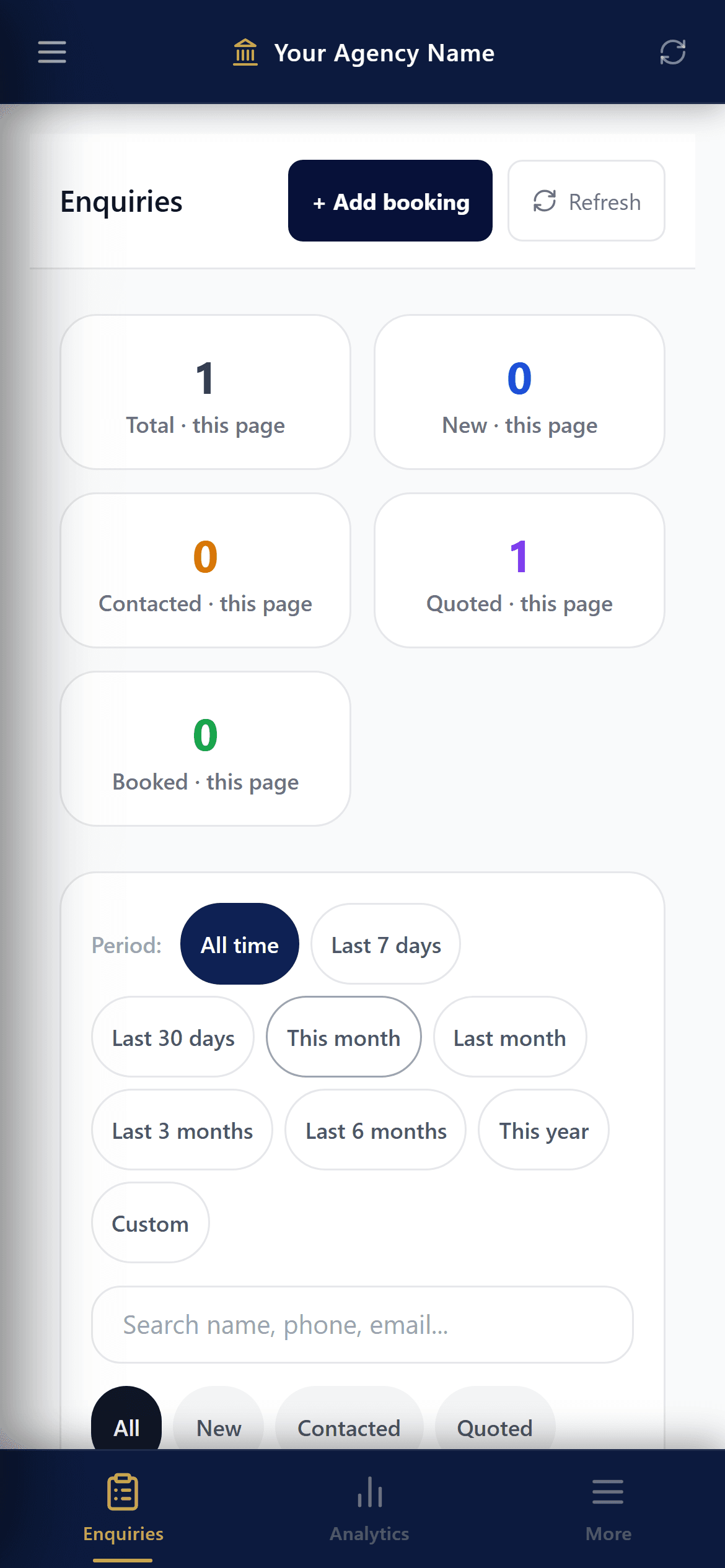 Enquiries page on a phone: totals for new, contacted, quoted and booked, period filters and search.